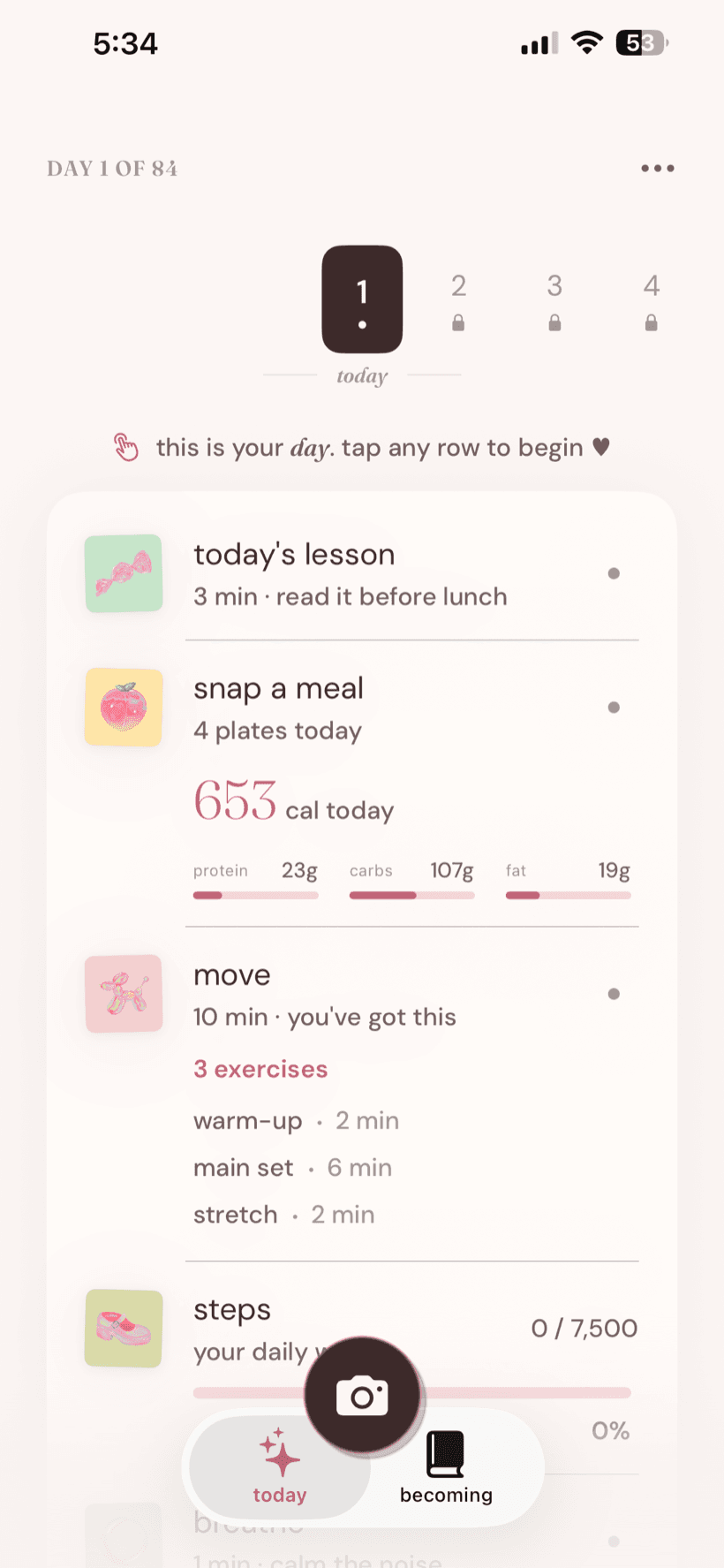 JeniFit today screen, day 1 of 84, with today’s lesson, snap a meal, move, and steps