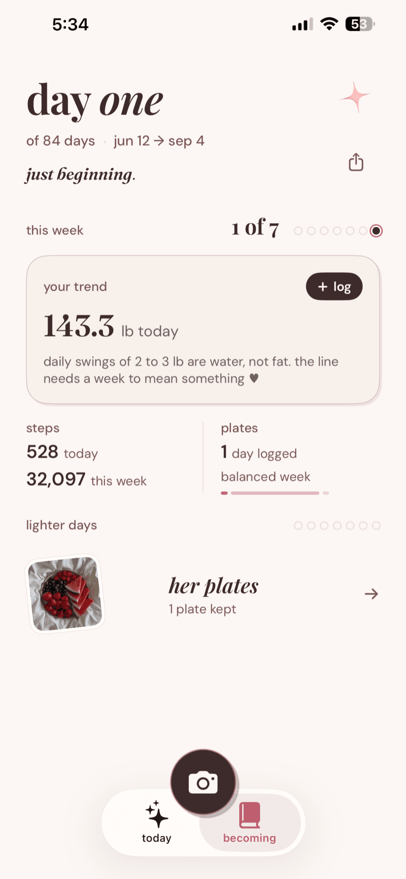 JeniFit becoming screen, your smoothed weight trend, steps, and plates this week